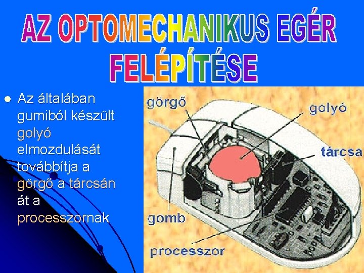 l Az általában gumiból készült golyó elmozdulását továbbítja a görgő a tárcsán át a