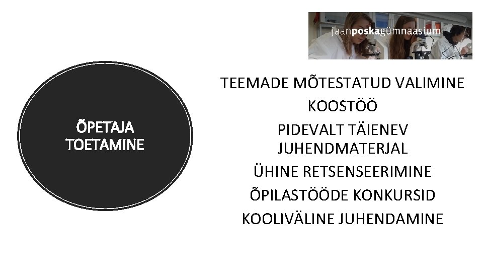 ÕPETAJA TOETAMINE TEEMADE MÕTESTATUD VALIMINE KOOSTÖÖ PIDEVALT TÄIENEV JUHENDMATERJAL ÜHINE RETSENSEERIMINE ÕPILASTÖÖDE KONKURSID KOOLIVÄLINE