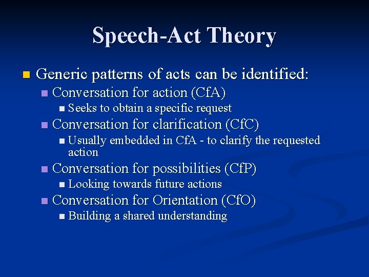 Speech-Act Theory n Generic patterns of acts can be identified: n Conversation for action