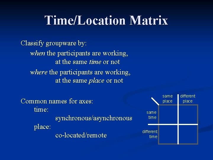 Time/Location Matrix Classify groupware by: when the participants are working, at the same time