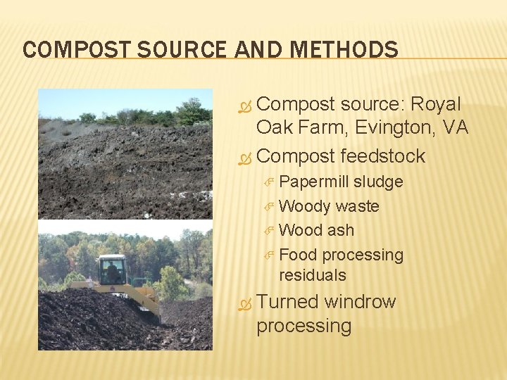 COMPOST SOURCE AND METHODS Compost source: Royal Oak Farm, Evington, VA Compost feedstock Papermill