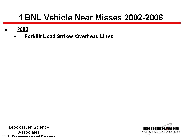 1 BNL Vehicle Near Misses 2002 -2006 n 2003 • Forklift Load Strikes Overhead