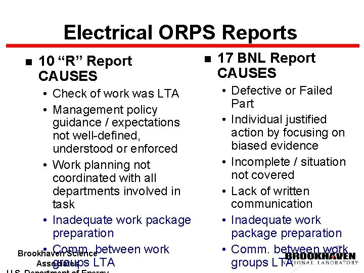 Electrical ORPS Reports n 10 “R” Report CAUSES • Check of work was LTA