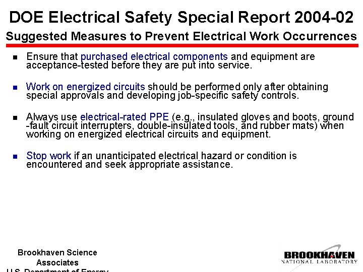 DOE Electrical Safety Special Report 2004 -02 Suggested Measures to Prevent Electrical Work Occurrences