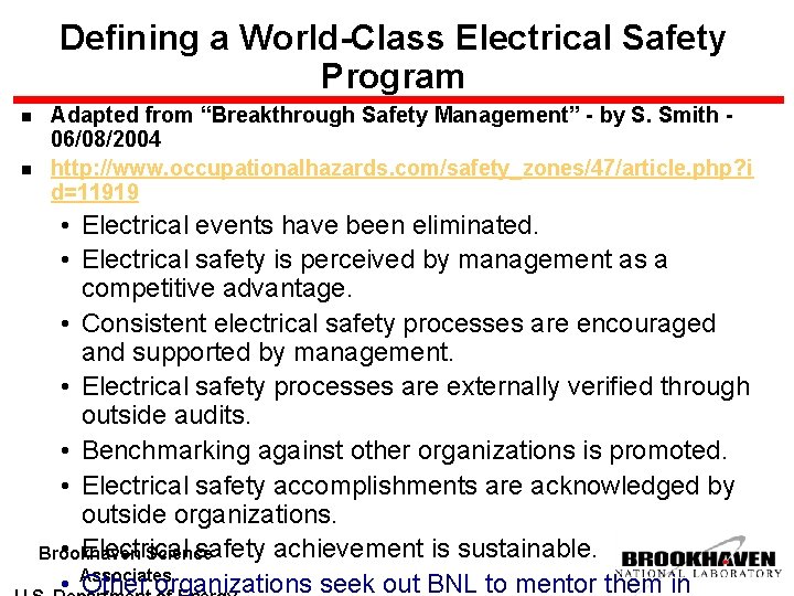Defining a World-Class Electrical Safety Program n n Adapted from “Breakthrough Safety Management” -