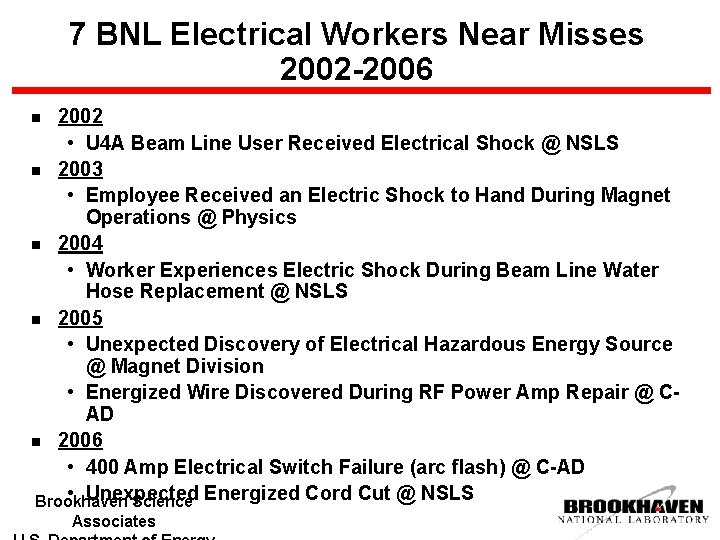 7 BNL Electrical Workers Near Misses 2002 -2006 2002 • U 4 A Beam