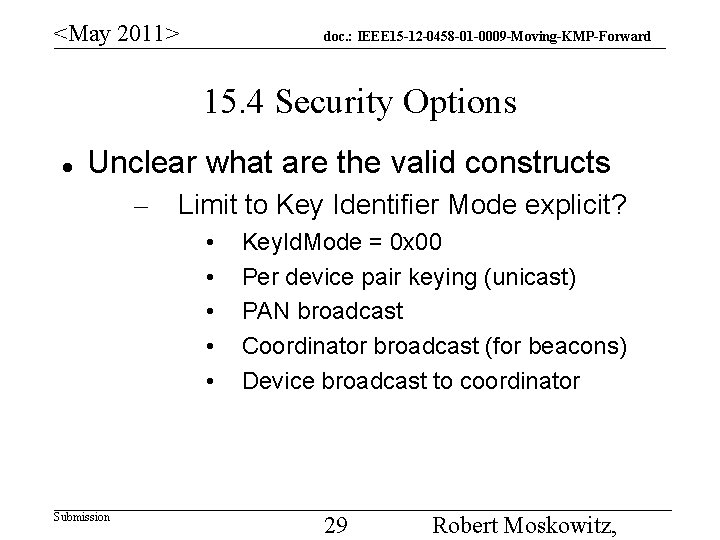 <May 2011> doc. : IEEE 15 -12 -0458 -01 -0009 -Moving-KMP-Forward 15. 4 Security