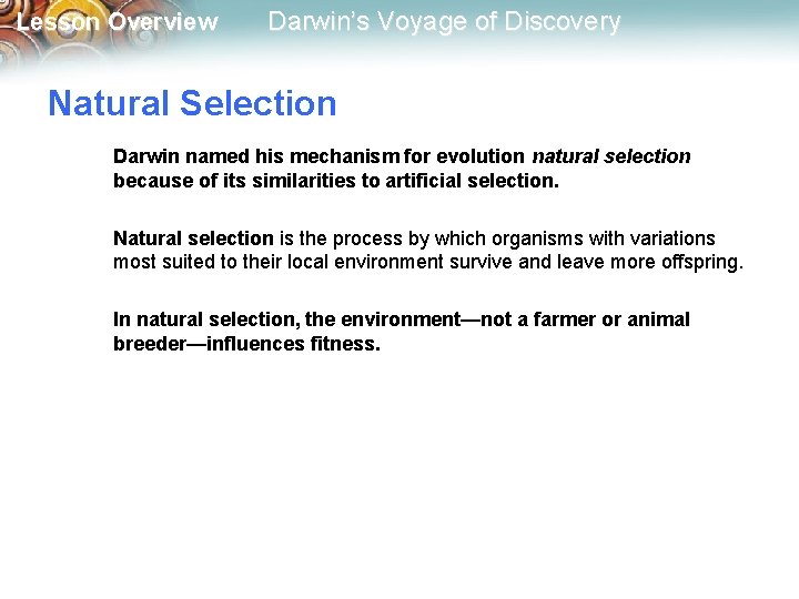Lesson Overview Darwin’s Voyage of Discovery Natural Selection Darwin named his mechanism for evolution
