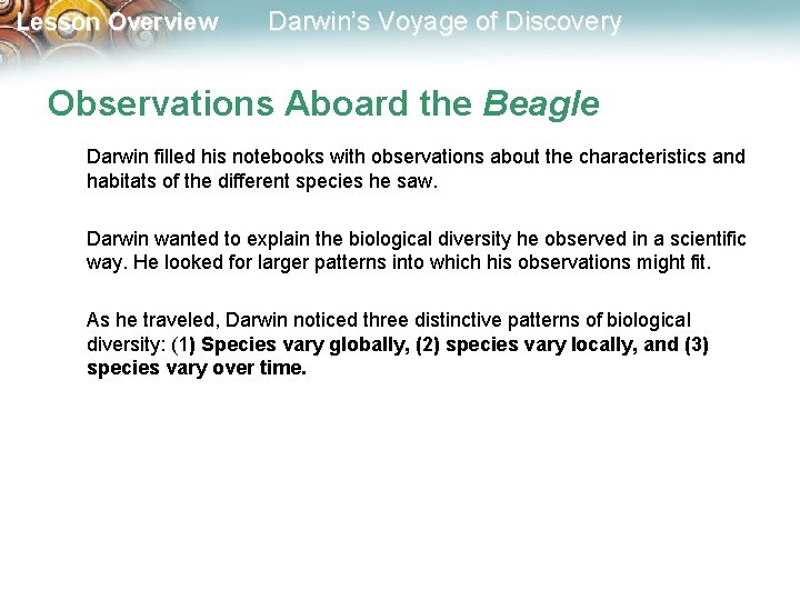 Lesson Overview Darwin’s Voyage of Discovery Observations Aboard the Beagle Darwin filled his notebooks