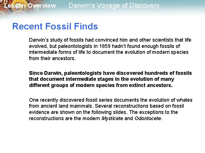 Lesson Overview Darwin’s Voyage of Discovery Recent Fossil Finds Darwin’s study of fossils had