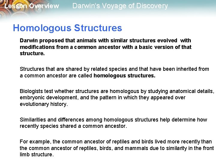 Lesson Overview Darwin’s Voyage of Discovery Homologous Structures Darwin proposed that animals with similar