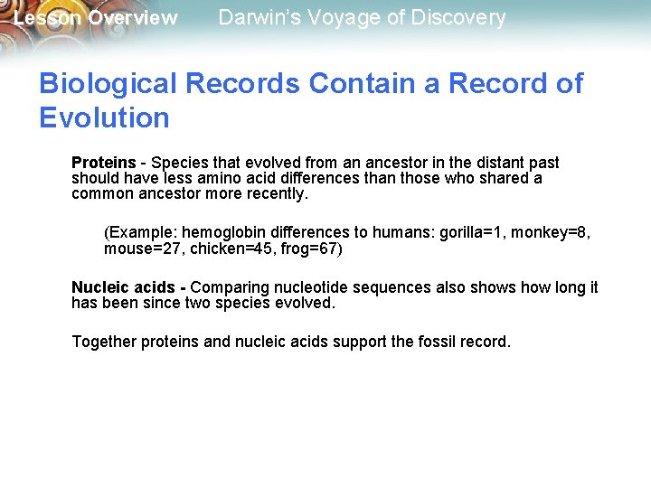 Lesson Overview Darwin’s Voyage of Discovery Biological Records Contain a Record of Evolution Proteins
