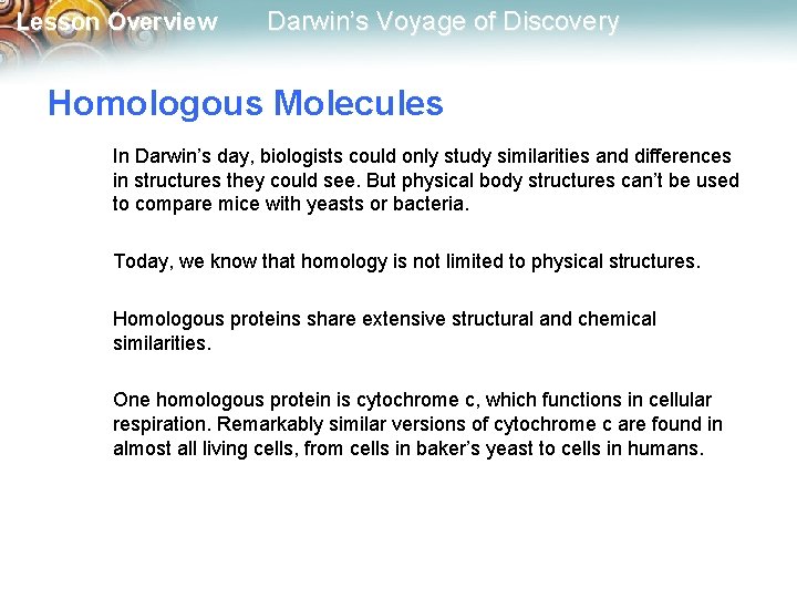Lesson Overview Darwin’s Voyage of Discovery Homologous Molecules In Darwin’s day, biologists could only