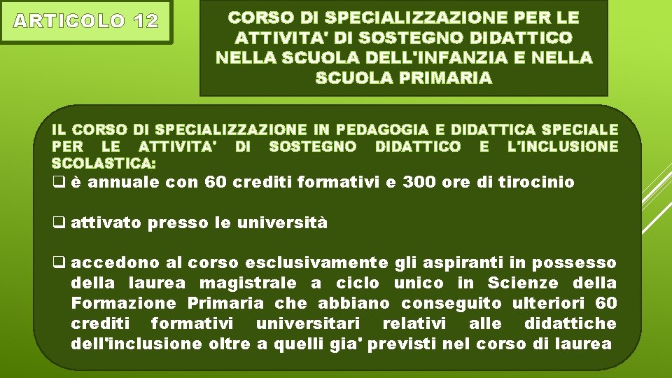 ARTICOLO 12 CORSO DI SPECIALIZZAZIONE PER LE ATTIVITA' DI SOSTEGNO DIDATTICO NELLA SCUOLA DELL'INFANZIA