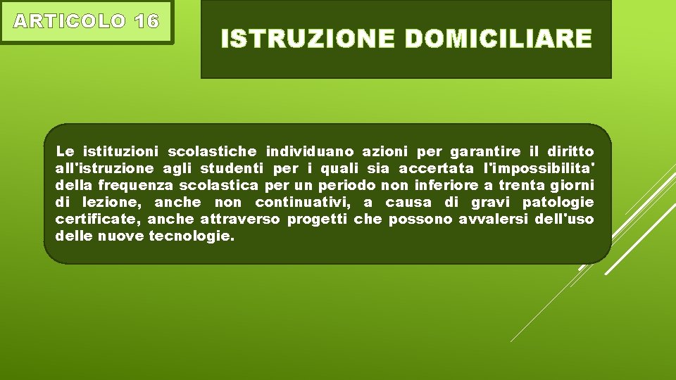 ARTICOLO 16 ISTRUZIONE DOMICILIARE Le istituzioni scolastiche individuano azioni per garantire il diritto all'istruzione