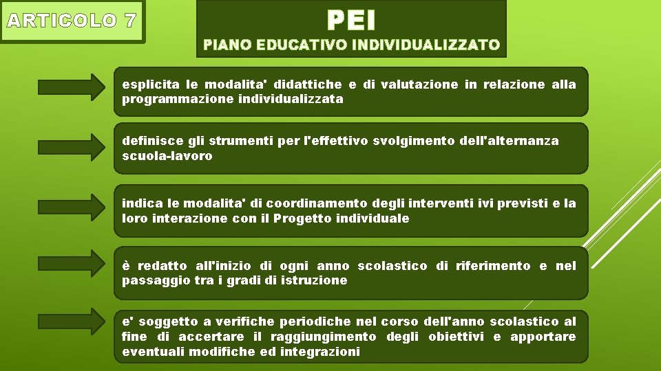 ARTICOLO 7 PEI PIANO EDUCATIVO INDIVIDUALIZZATO esplicita le modalita' didattiche e di valutazione in