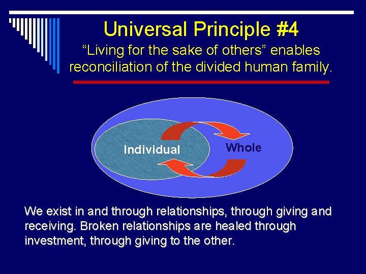 Universal Principle #4 “Living for the sake of others” enables reconciliation of the divided