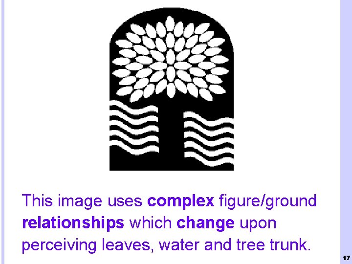 This image uses complex figure/ground relationships which change upon perceiving leaves, water and tree