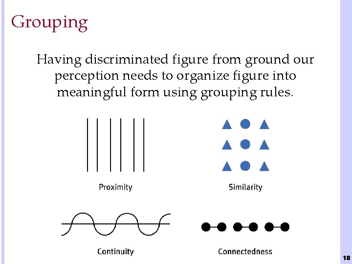 Grouping Having discriminated figure from ground our perception needs to organize figure into meaningful
