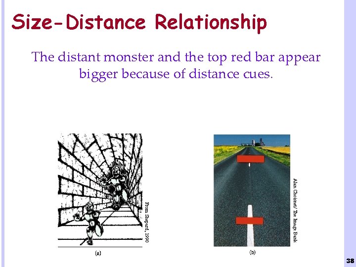 Size-Distance Relationship The distant monster and the top red bar appear bigger because of