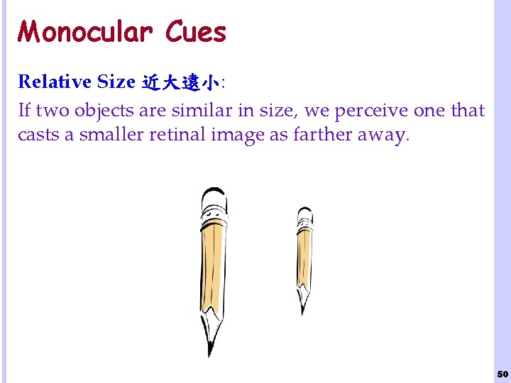 Monocular Cues Relative Size 近大遠小: If two objects are similar in size, we perceive