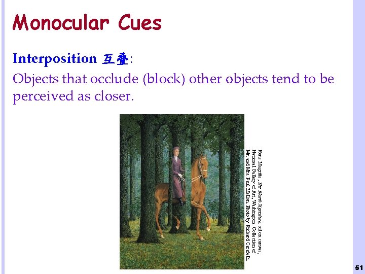 Monocular Cues Interposition 互叠: Objects that occlude (block) other objects tend to be perceived