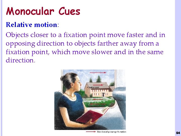 Monocular Cues Relative motion: Objects closer to a fixation point move faster and in
