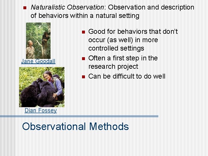 n Naturalistic Observation: Observation and description of behaviors within a natural setting n Jane