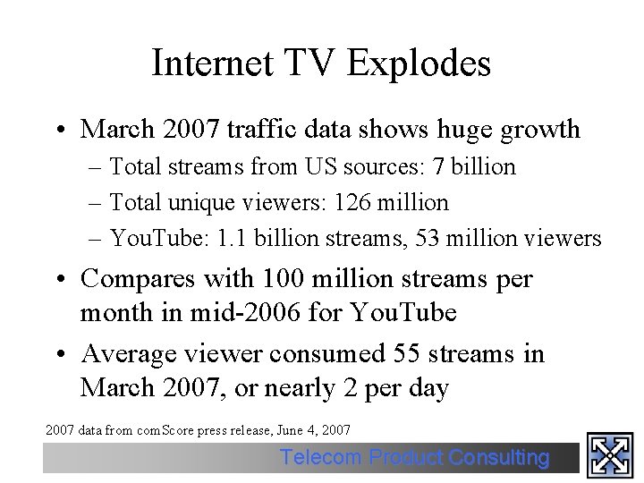 Internet TV Explodes • March 2007 traffic data shows huge growth – Total streams