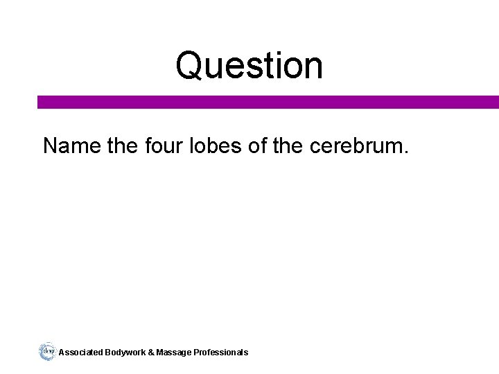 Question Name the four lobes of the cerebrum. Associated Bodywork & Massage Professionals 