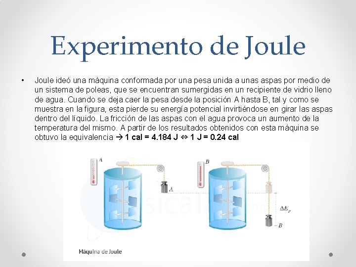 Experimento de Joule • Joule ideó una máquina conformada por una pesa unida a