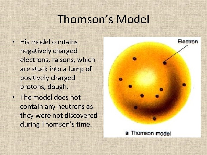 Thomson’s Model • His model contains negatively charged electrons, raisons, which are stuck into