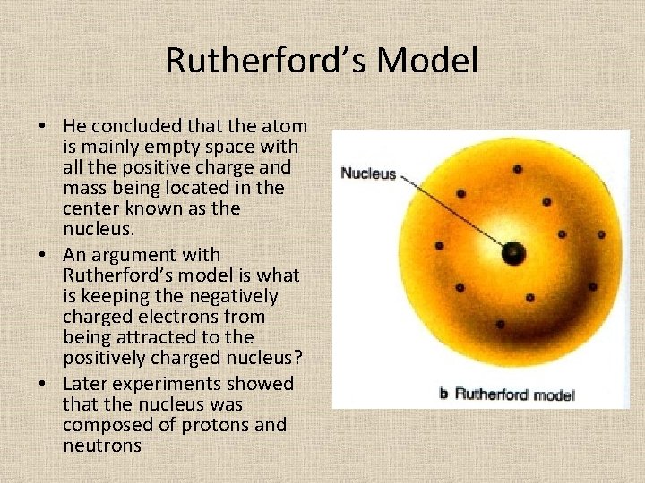 Rutherford’s Model • He concluded that the atom is mainly empty space with all