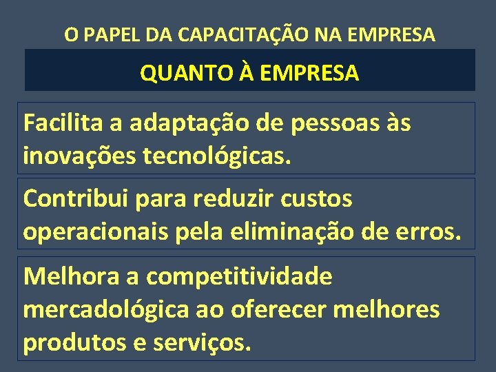 O PAPEL DA CAPACITAÇÃO NA EMPRESA QUANTO À EMPRESA Facilita a adaptação de pessoas