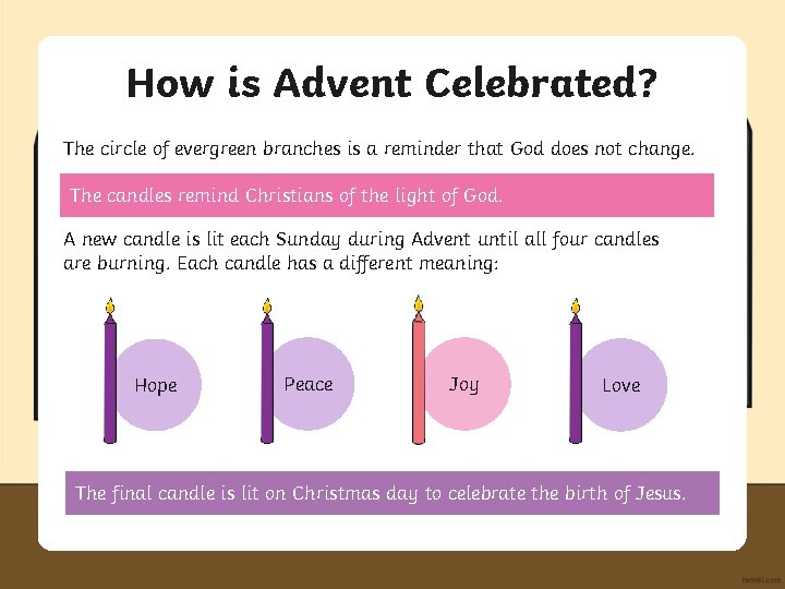 How is Advent Celebrated? The circle of evergreen branches is a reminder that God
