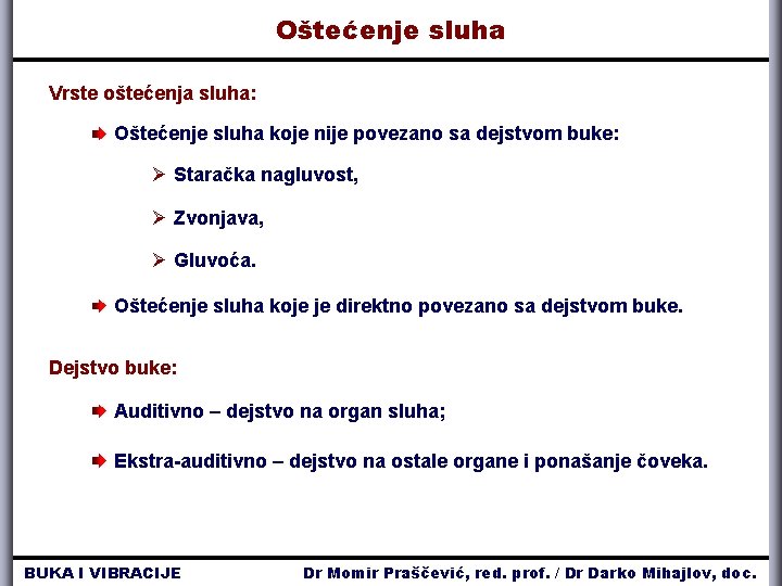 Oštećenje sluha Vrste oštećenja sluha: Oštećenje sluha koje nije povezano sa dejstvom buke: Ø