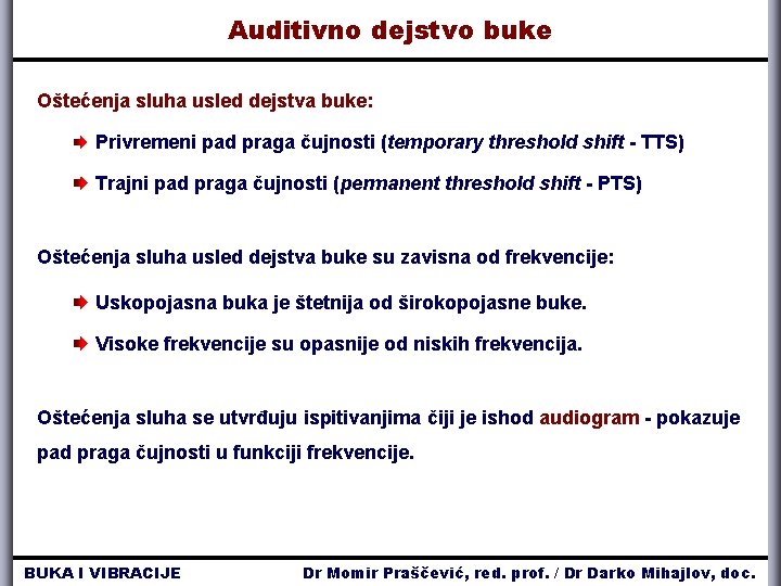 Auditivno dejstvo buke Oštećenja sluha usled dejstva buke: Privremeni pad praga čujnosti (temporary threshold