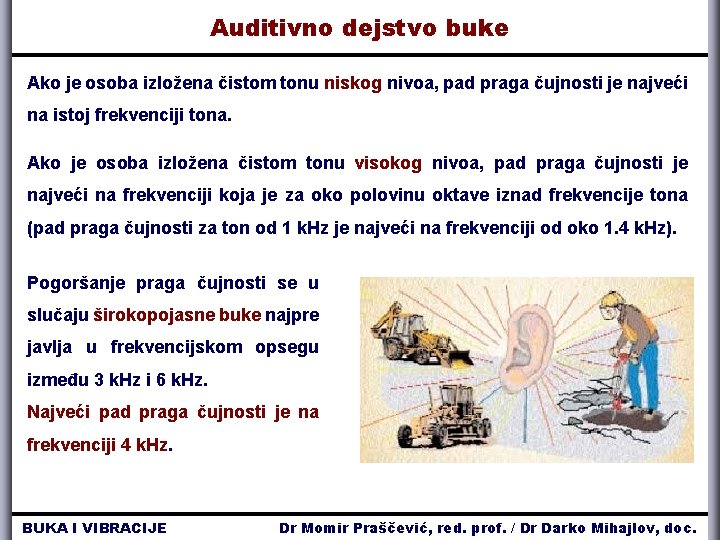 Auditivno dejstvo buke Ako je osoba izložena čistom tonu niskog nivoa, pad praga čujnosti