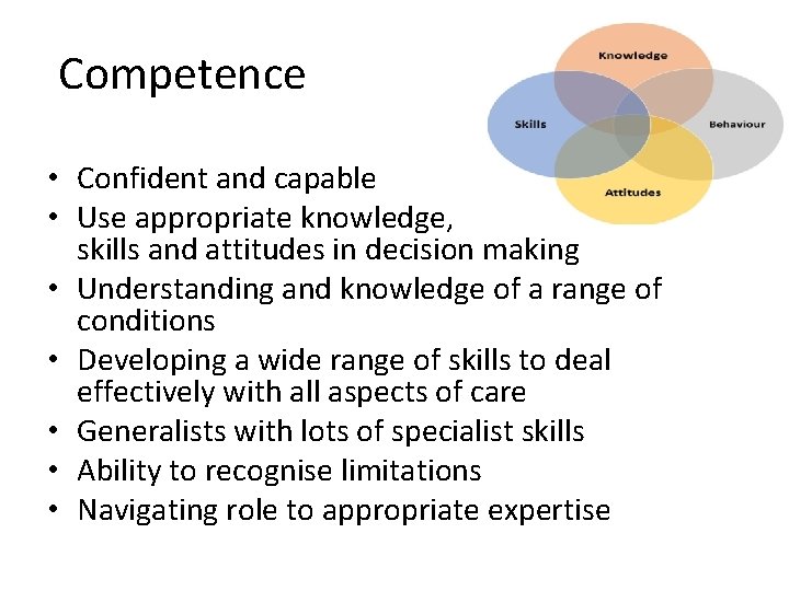 Competence • Confident and capable • Use appropriate knowledge, skills and attitudes in decision