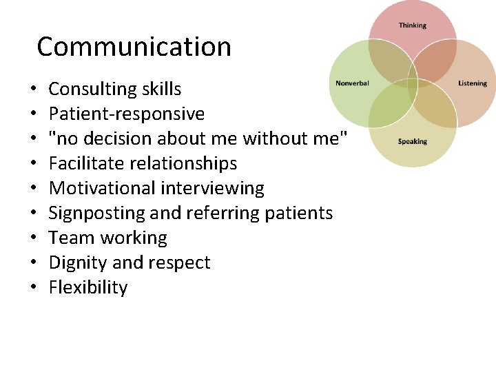 Communication • • • Consulting skills Patient-responsive "no decision about me without me" Facilitate