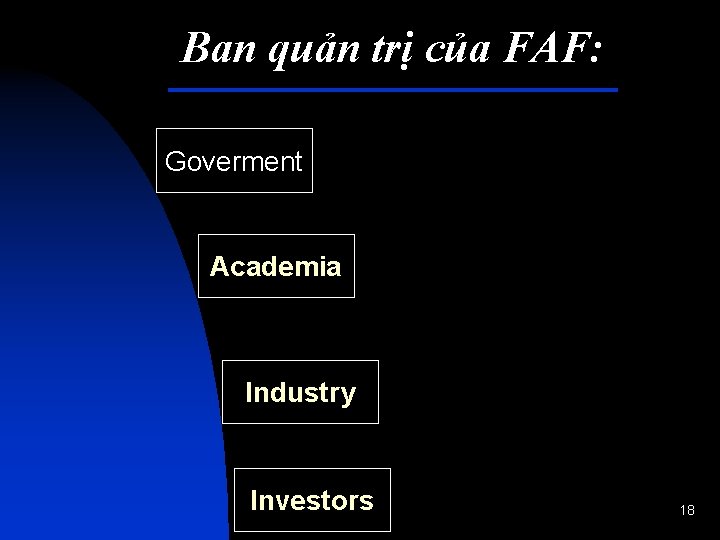 Ban quản trị của FAF: Goverment Academia Industry Investors 18 