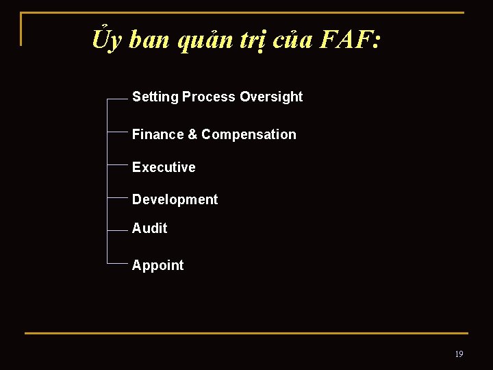 Ủy ban quản trị của FAF: Setting Process Oversight Finance & Compensation Executive Development