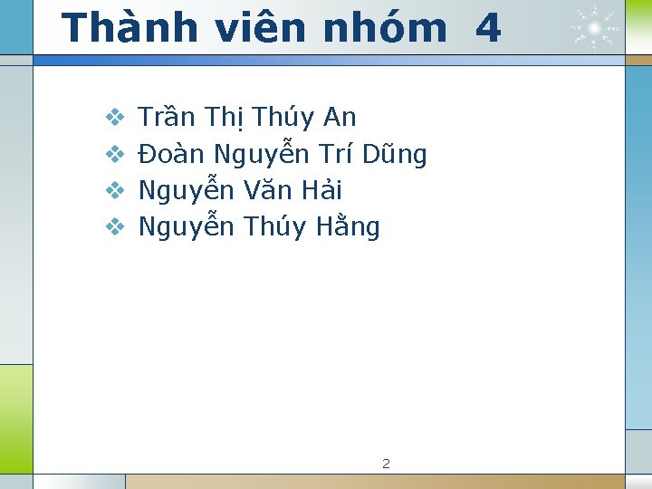 Thành viên nhóm 4 v v Trần Thị Thúy An Đoàn Nguyễn Trí Dũng