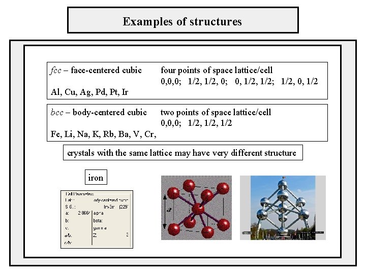 Examples of structures fcc – face-centered cubic four points of space lattice/cell 0, 0,
