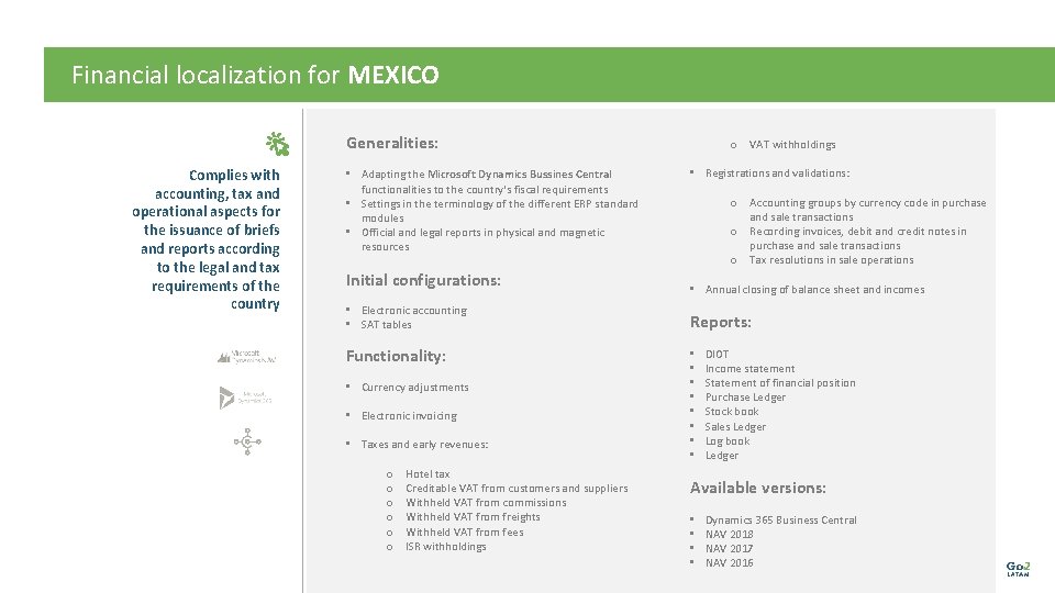 Financial localization for MEXICO Localización Complies with accounting, tax and financiera operational aspects for Financial localization for MEXICO Localización Complies with accounting, tax and financiera operational aspects for
