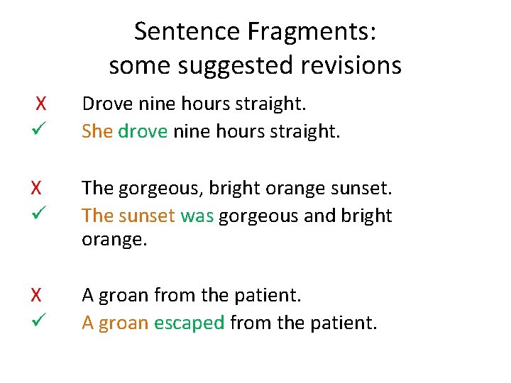 Sentence Fragments: some suggested revisions X ü Drove nine hours straight. She drove nine