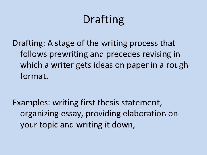 Drafting: A stage of the writing process that follows prewriting and precedes revising in