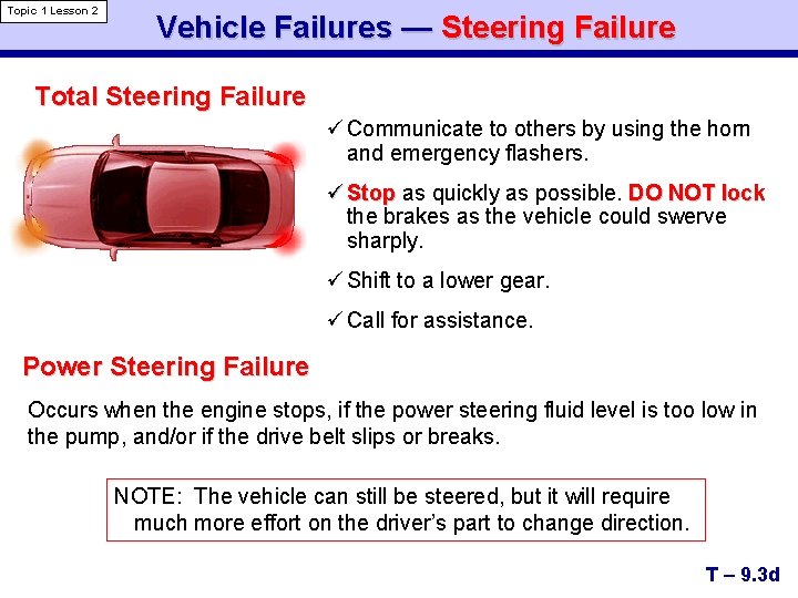 Topic 1 Lesson 2 Vehicle Failures — Steering Failure Total Steering Failure ü Communicate