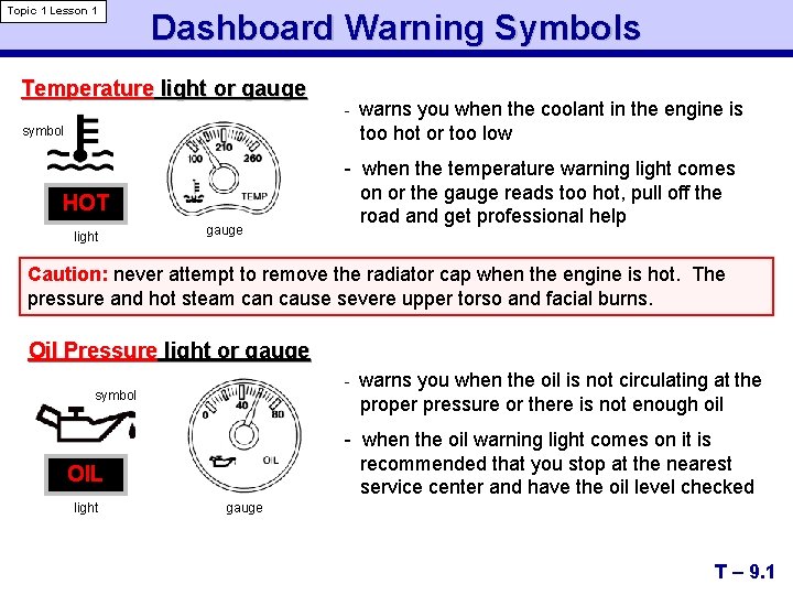 Topic 1 Lesson 1 Dashboard Warning Symbols Temperature light or gauge symbol HOT light
