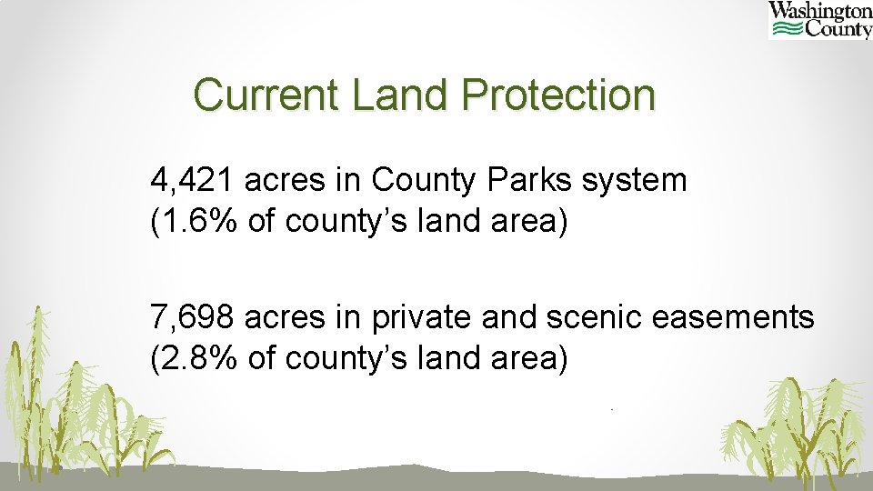 Current Land Protection 4, 421 acres in County Parks system (1. 6% of county’s